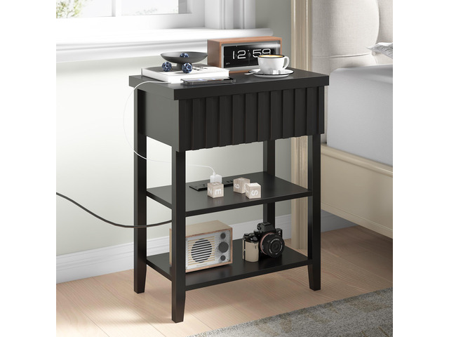 Fluted Nightstand With Charging Station,Farmhouse Night Stand With Drawer & 2 Open Storage Shelves,Modern Side Table For Bedroom Small Space Living...