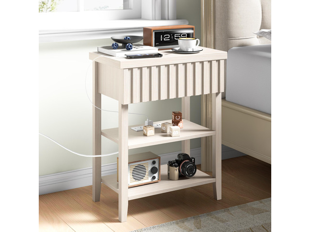 Fluted Nightstand With Charging Station,Farmhouse Night Stand With Drawer & 2 Open Storage Shelves,Modern Side Table For Bedroom Small Space Living...