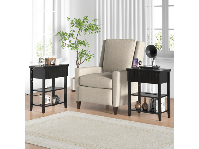 Fluted Nightstand With Charging Station,Farmhouse Night Stand With Drawer & 2 Open Storage Shelves,Modern Side Table For Bedroom Small Space Living...