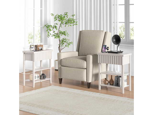 Fluted Nightstand With Charging Station,Farmhouse Night Stand With Drawer & 2 Open Storage Shelves,Modern Side Table For Bedroom Small Space Living...