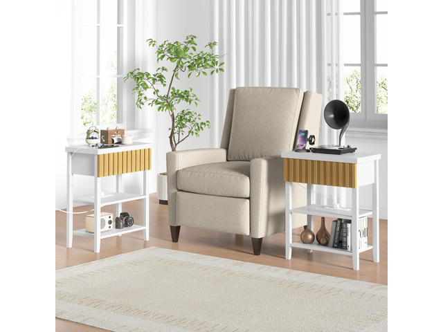Fluted Nightstand With Charging Station,Farmhouse Night Stand With Drawer & 2 Open Storage Shelves,Modern Side Table For Bedroom Small Space Living...