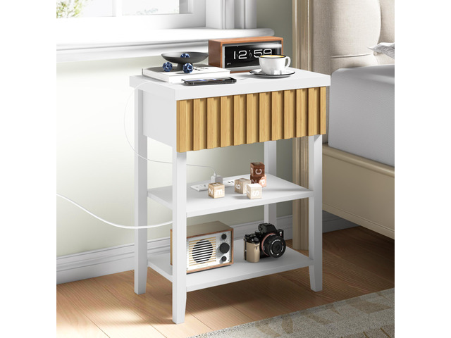 Fluted Nightstand With Charging Station,Farmhouse Night Stand With Drawer & 2 Open Storage Shelves,Modern Side Table For Bedroom Small Space Living...