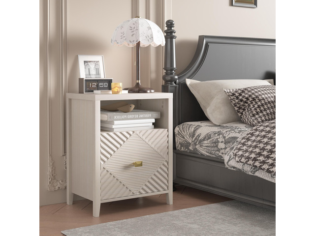 Nightstand With Charger Station And Usb Port,19 Inch Modern Night Stand With Storage Shelf, Bedside Tables For Bedroom, Home, Living Room,Beige