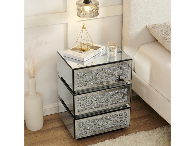 Mirrored Bedside Nightstand, Modern Side Table With 3 Drawers, Silver Accent End Table With Crushed Diamonds For Bedroom, Dorm And Living Room,...