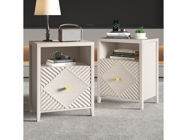 Nightstand With Charger Station And Usb Port,19 Inch Modern Night Stand With Storage Shelf, Bedside Tables For Bedroom, Home, Living Room,Beige(Set...