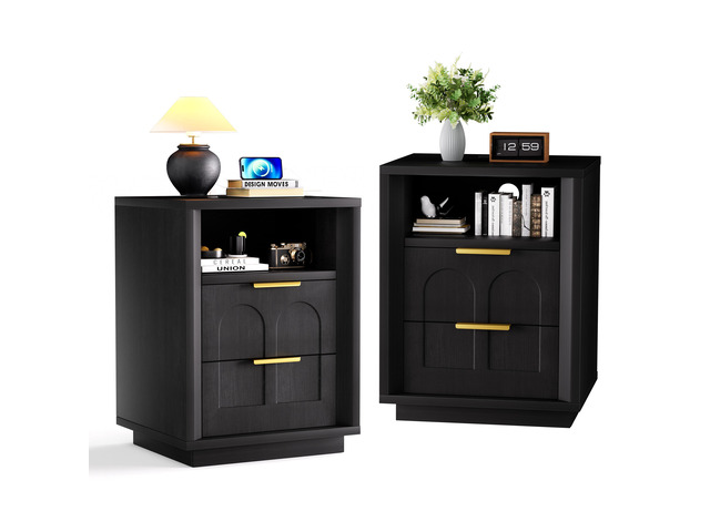 Large Two-Piece Bedside Table Set, 2-Drawer Side Table, Spacious Storage Side Table With Type-C Charging Station And Metal Handles, Suitable For...