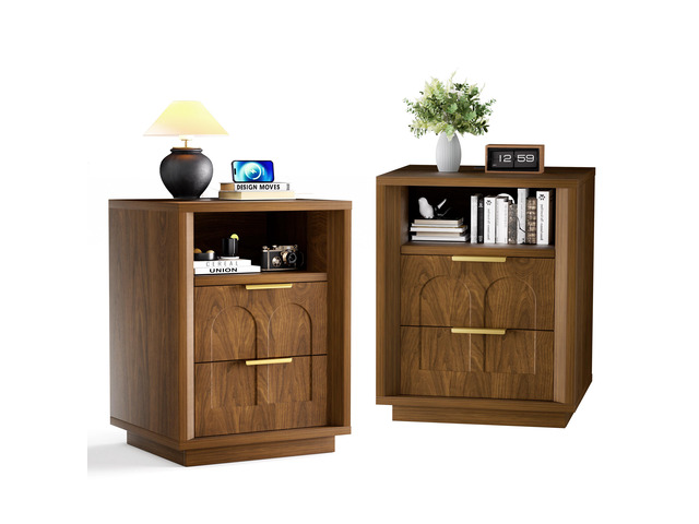 Large Two-Piece Bedside Table Set, 2-Drawer Side Table, Spacious Storage Side Table With Type-C Charging Station And Metal Handles, Suitable For...