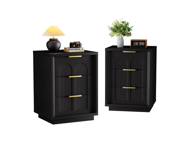 Two-Piece Nightstand Set With Arched Grooves, Large Side Table With Three Drawers, Spacious Storage Side Table With Metal Handles, Suitable For...