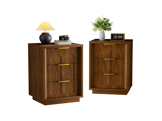 Two-Piece Nightstand Set With Arched Grooves, Large Side Table With Three Drawers, Spacious Storage Side Table With Metal Handles, Suitable For...