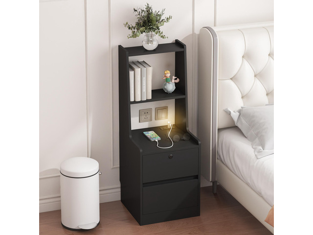 Nightstand With Charging Station, Smart Nightstand With Night Light, Modern Night Stand With Bookshelf, Bedside Tables With Storage Cabinet For...