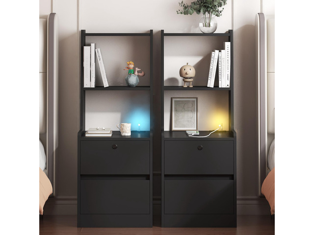 Nightstands Set Of 2, With Charging Station, Smart Nightstand With Night Light, Modern Night Stand With Bookshelf, Bedside Tables With Storage...