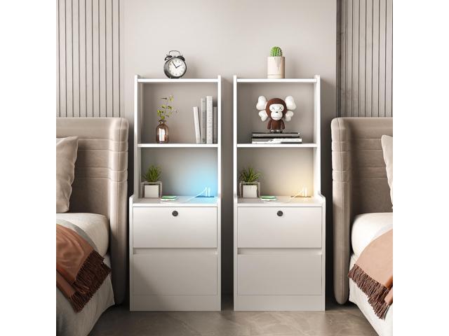 Nightstands Set Of 2, With Charging Station, Smart Nightstand With Night Light, Modern Night Stand With Bookshelf, Bedside Tables With Storage...