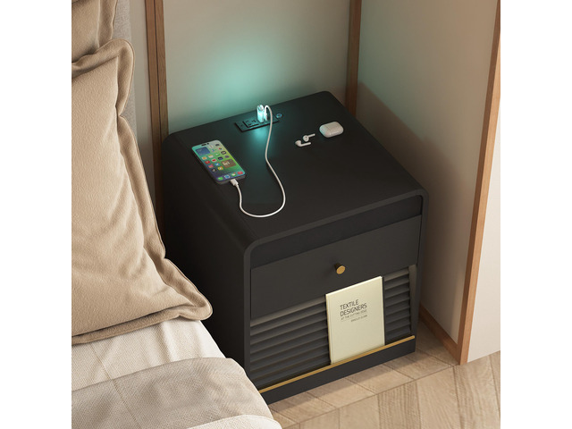 Nightstand With Charging Station, Smart Nightstand With Night Light,With Led Lights,Bedside Tables With Storage Cabinet For Bedroom,Black
