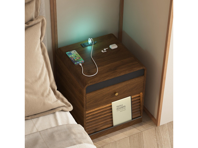 Nightstand With Charging Station, Smart Nightstand With Night Light,With Led Lights,Bedside Tables With Storage Cabinet For Bedroom,Wood