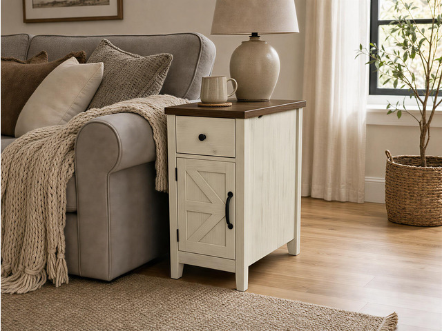 Farmhouse End Table With Charging Station,Night Stand With Barn Door And Drawer, Storage For Bedroom Living Room,Bedside Table, Bedside Table...