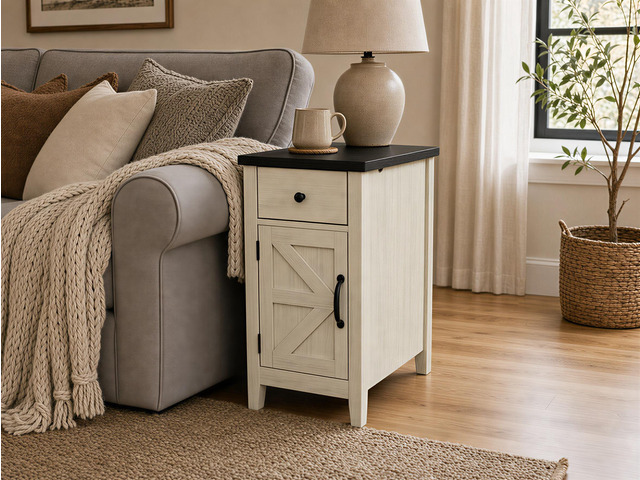 Farmhouse End Table Bedside Table With Charging Station,Night Stand With Barn Door And Drawer, Storage For Bedroom Living Room,Bedside Table, ...