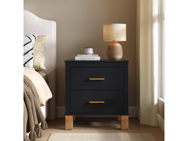 2 Drawer Nightstand, Premium Wood Storage With Elegant Fluted Design, Solid Wood Legs Nightstand With Metal Handle, Tall Bedside Table For Bedroom...