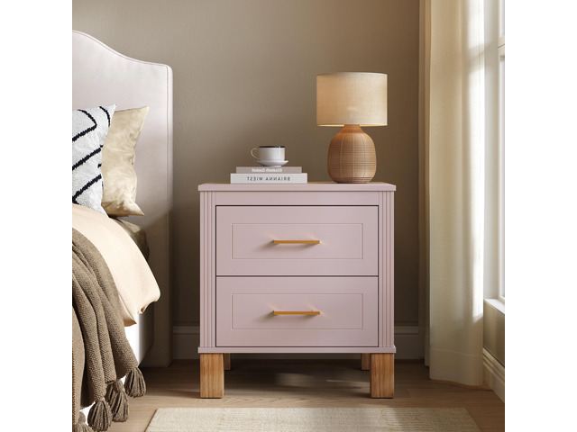 2 Drawer Nightstand, Premium Wood Storage With Elegant Fluted Design, Solid Wood Legs Nightstand With Metal Handle, Tall Bedside Table For Bedroom...