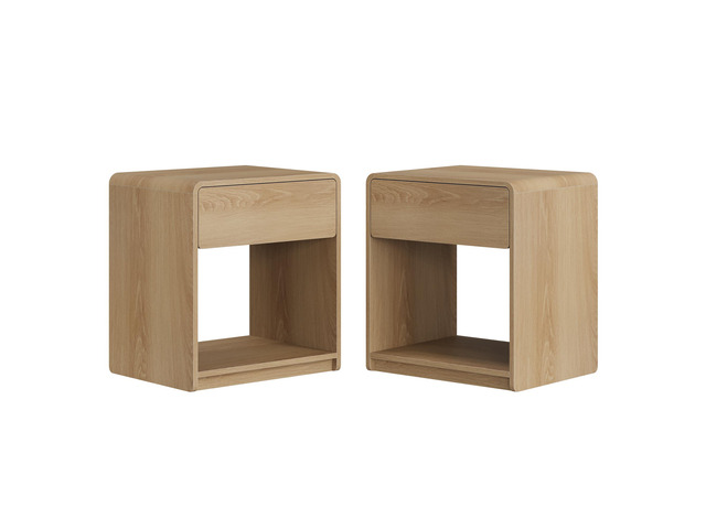 Mid-Century Modern Bedside Table Set, 2 Pieces, With Storage Drawers And Open Shelves, Bedroom Side Table With Rounded Corners, Compact Bedside...