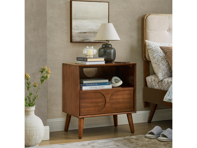 Mid Century Modern Fluted Nightstand With Charging Station Usb Ports & Outlet Hole & 4 Solid Wood Legs, Farmhouse End Table With Open Space And...