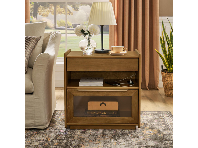 Mid Century Modern Nightstand With Charging Station & Outlet Hole & 2 Drawers, Farmhouse End Table With Open Shelf & Glass Drawer Dresser, Side...