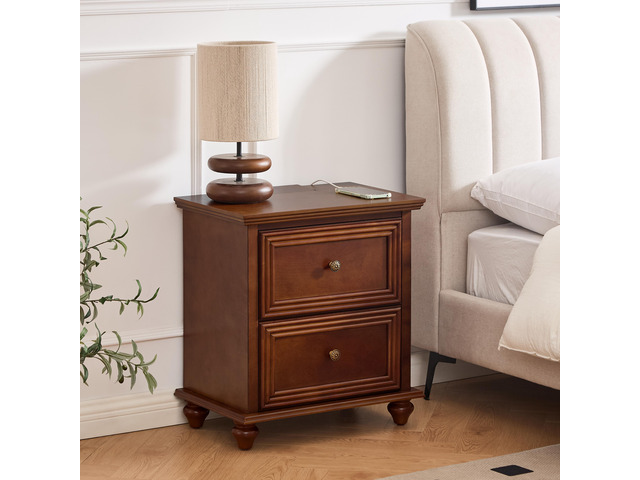 22.9' Mid Century Modern Nightstand With Charging Station & Outlet Hole & 2 Drawers, Wood End Table With Stroage, Side Cabinet With For Living Room...