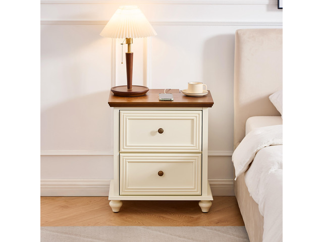 22.9' Mid Century Modern Nightstand With Charging Station & Outlet Hole & 2 Drawers, Wood End Table With Stroage, Side Cabinet With For Living Room...