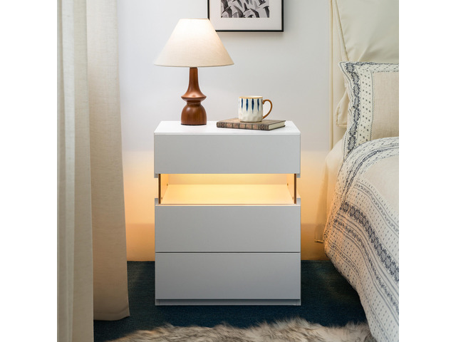 Led Nightstands 3 Drawer Dresser For Bedroom End Table With Acrylic Board Led Bedside Tables For Bedroom Living Room Bedside Furniture (White)