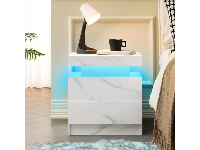 Nightstand Led Bedside Table Cabinet Lights Modern End Side With 2 Drawers For Bedroom (White Stone)
