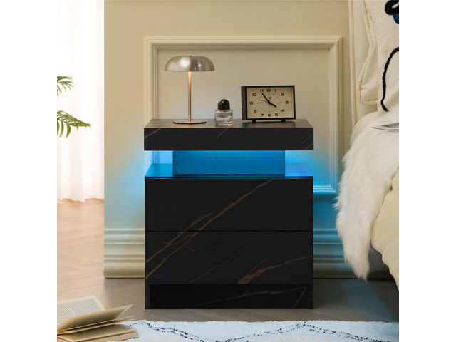 Nightstand Led Bedside Table Cabinet Lights Modern End Side With 2 Drawers For Bedroom (Black Gold)