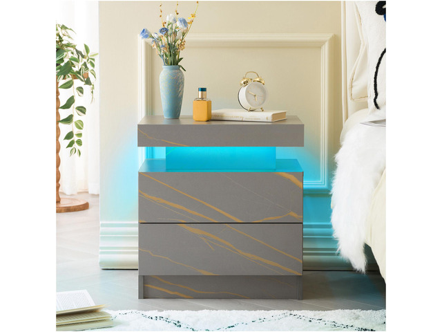 Nightstand Led Bedside Table Cabinet Lights Modern End Side With 2 Drawers For Bedroom (Grey Gold)