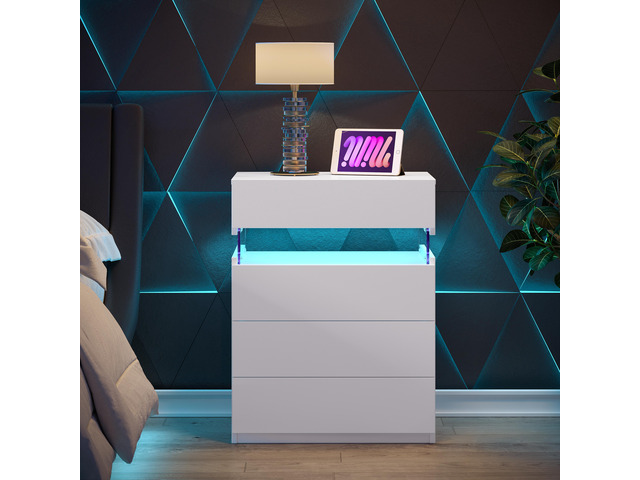 Nightstand With Led Lights, Bedside Table, Side Table With 4 Drawers, Modern Style,White