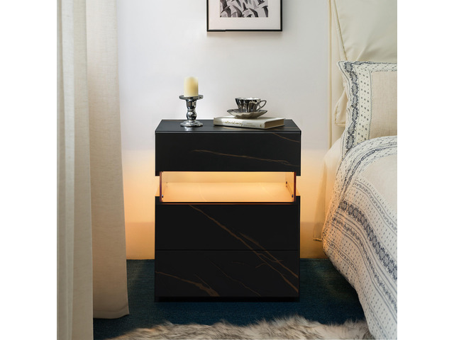 Led Nightstands 3 Drawer Dresser For Bedroom End Table With Acrylic Board Led Bedside Tables For Bedroom Living Room Bedside Furniture (Black+Gold)