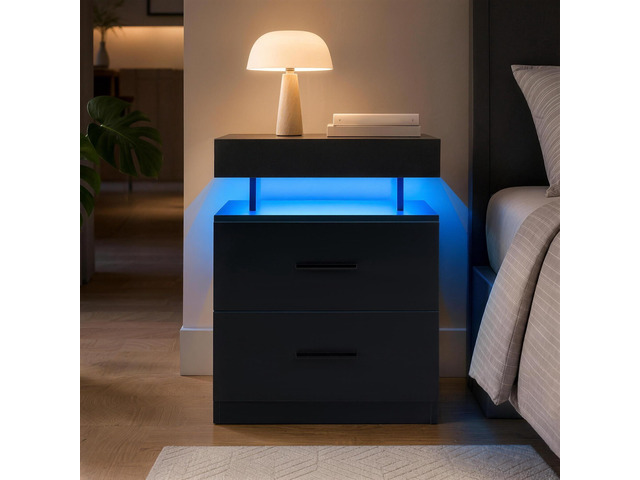 Nightstand Led Bedside Table Cabinet Lights Modern End Side With 2 Fabric Drawers For Bedroom (Black)