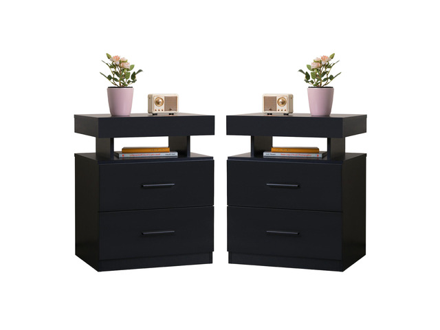 Led Nightstand Set Of 2 Bedside Table Cabinet Lights Modern End Side With 2 Fabric Drawers For Bedroom (Black)