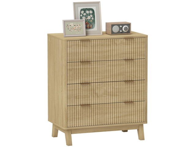 Homcom Fluted Dresser For Bedroom With 4 Drawers, Chest Of Drawers With Gold Finger Pulls And 4 Wood Legs, Natural Wood