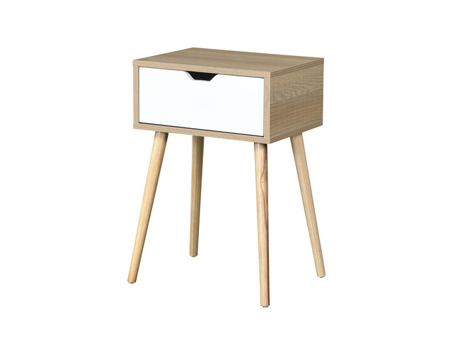 Side Table With 1 Drawer And Rubber Wood Legs, Mid-Century Modern Storage Cabinet For Bedroom Living Room Furniture, White With Solid Wood Color