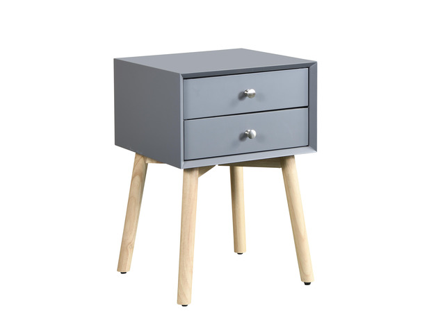 Side Table,Bedside Table With 2 Drawers And Rubber Wood Legs, Mid-Century Modern Storage Cabinet For Bedroom Living Room, Gray