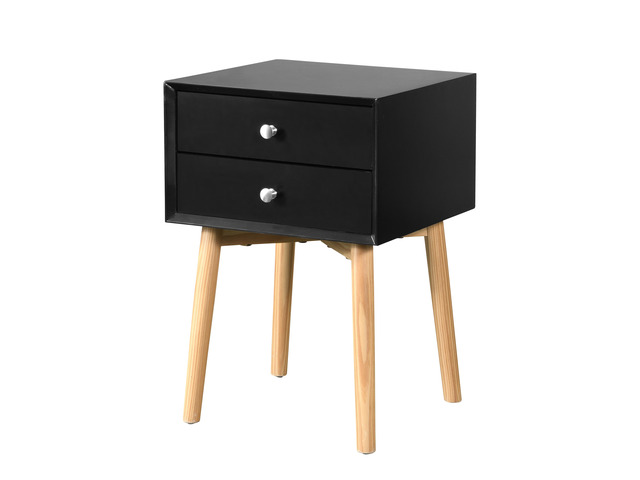 Side Table,Bedside Table With 2 Drawers And Rubber Wood Legs, Mid-Century Modern Storage Cabinet For Bedroom Living Room, Black