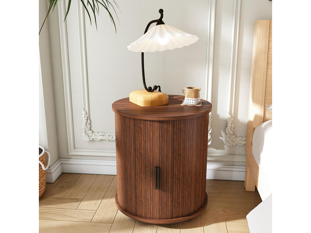 Mid Century Modern Cylinder End Table With Built-In Charging Station & Sliding Door, 2-Tier Storage Round Nightstand With Usb Ports, Walnut Bedside...
