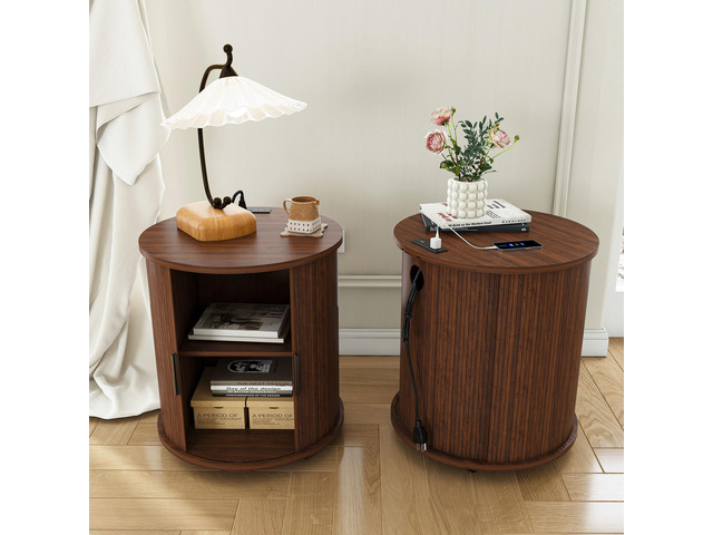 Set Of 2 Mid Century Modern Cylinder End Tables With Built-In Charging Station & Sliding Door, 2-Tier Storage Round Nightstands With Usb Ports,...
