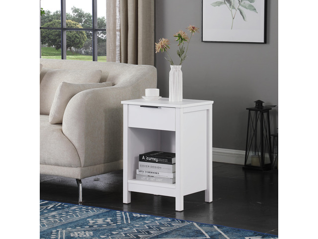 Nightstand With Drawer,3-Tier End Side Table With Storage Drawer And Shelf,Modern Bedside Night Stand For Bedroom, Living Room-Retro White
