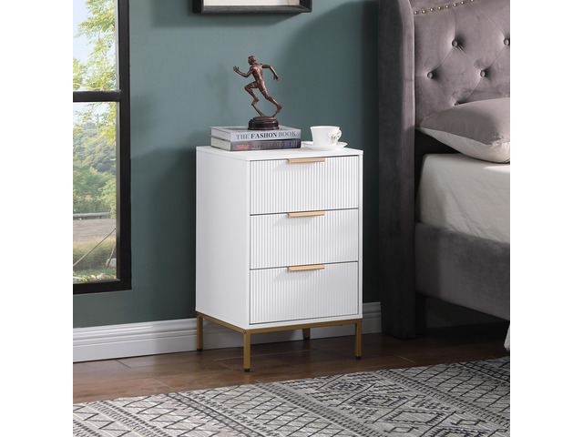Nightstand With 3 Drawers,Mid-Century Modern End Table,Bedside Table, Gold Metal Legs,Gold Metal Handles,Wavy Drawer Panelsend Table For Bedroom White