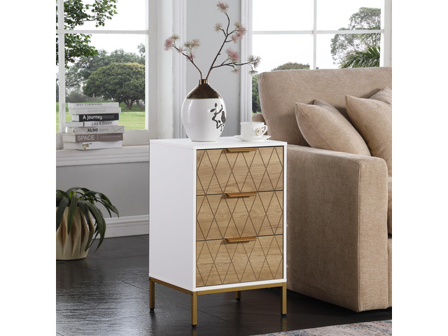 Nightstand With 3 Drawers, Mid-Century Modern End Table,Gold Metalfeet, Gold Metal Handles, Drawer Panels Are Shaped By Cutting Lines,End Table...