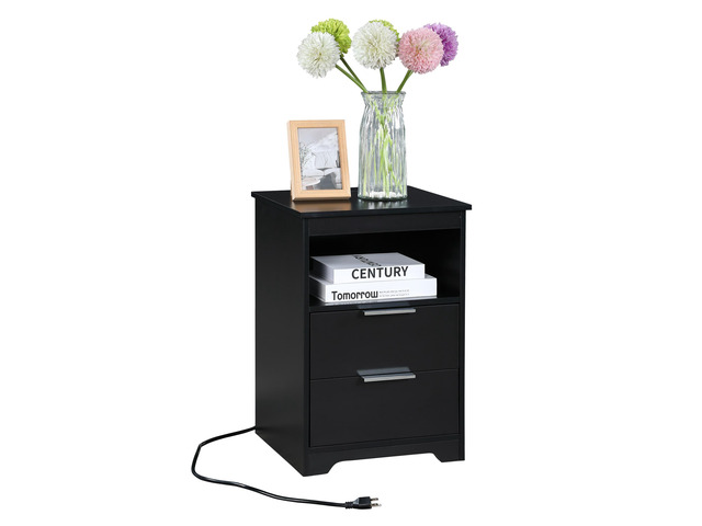 Nightstand With Charging Station,End Table With 2 Drawers,Wooden End Table With Drawer And Opening Shelf,Side Table For Bedroom, Black