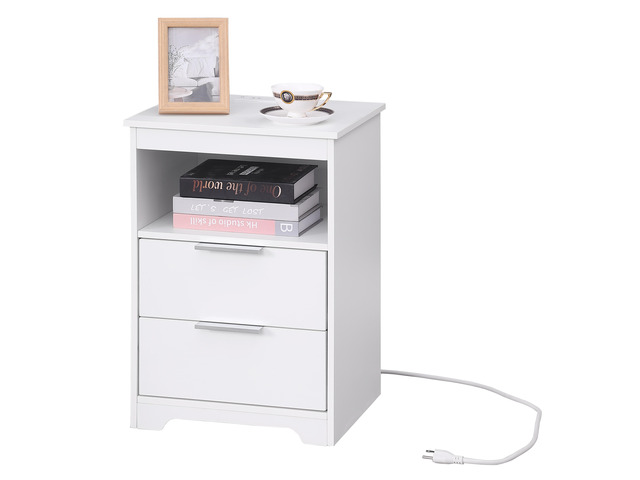 Nightstand With Charging Station,End Table With 2 Drawers,Wooden End Table With Drawer And Opening Shelf,Side Table For Bedroom, White