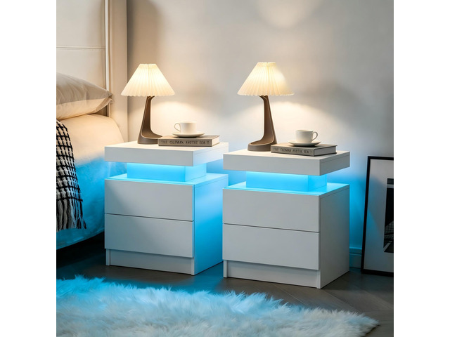 Led Nightstands Set Of 2, Bedside Table Cabinet Lights Modern End Side With 2 Drawers For Bedroom (White)