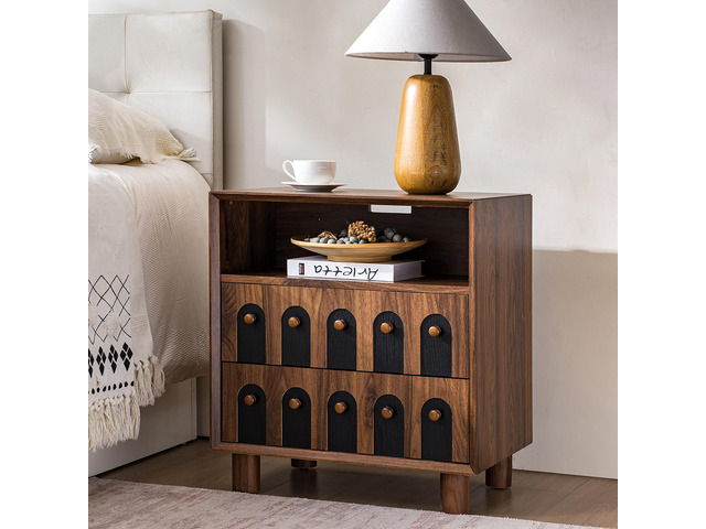 26' Tall Modern Nightstand With Charging Station, 23.75'' Wide Wood Bedside Table W/2 Storage Drawers, Large Mid Century End Table For Bedroom,...