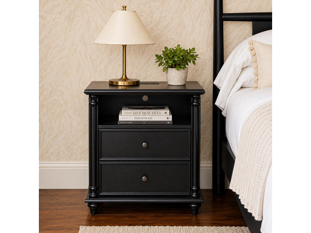 28'Nightstand With Charging Station, Black Nightstand With Solid Wood Legs, 2 Drawers End Table, Bedside Table For Bedroom