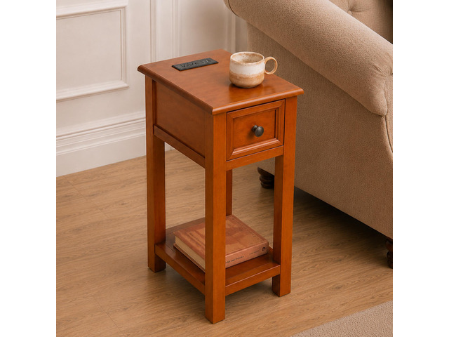 End Table With Drawer And Shelf, Mission-Style, Veneers And Wood Construction Walnut Color For Living Room And Bedroom